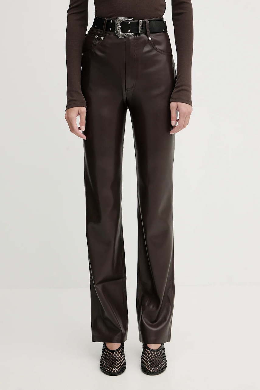 Kalhoty Nanushka dámské, hnědá barva, přiléhavé, high waist, NW25FWPA29878