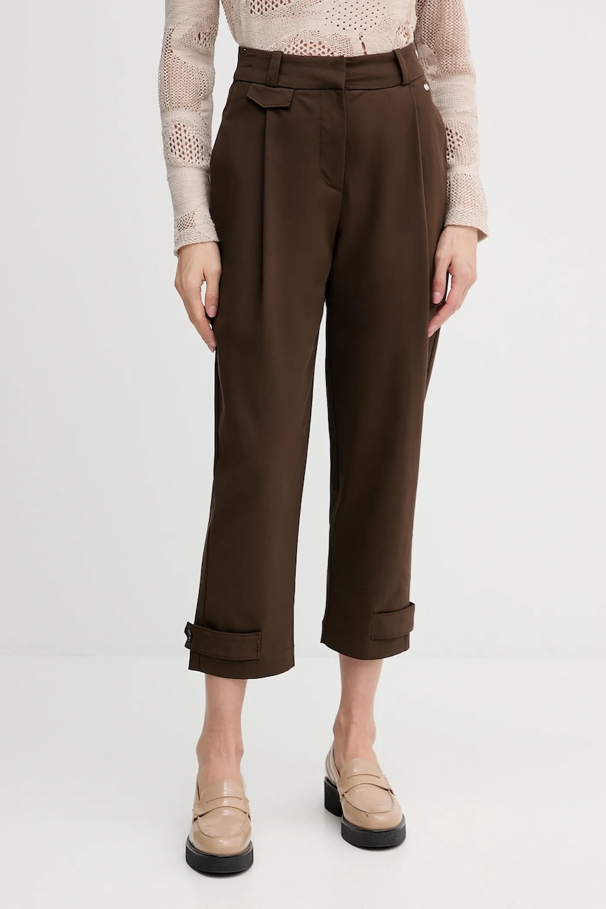 Kalhoty Pedro del Hierro dámské, hnědá barva, střih chinos, high waist, 7602505