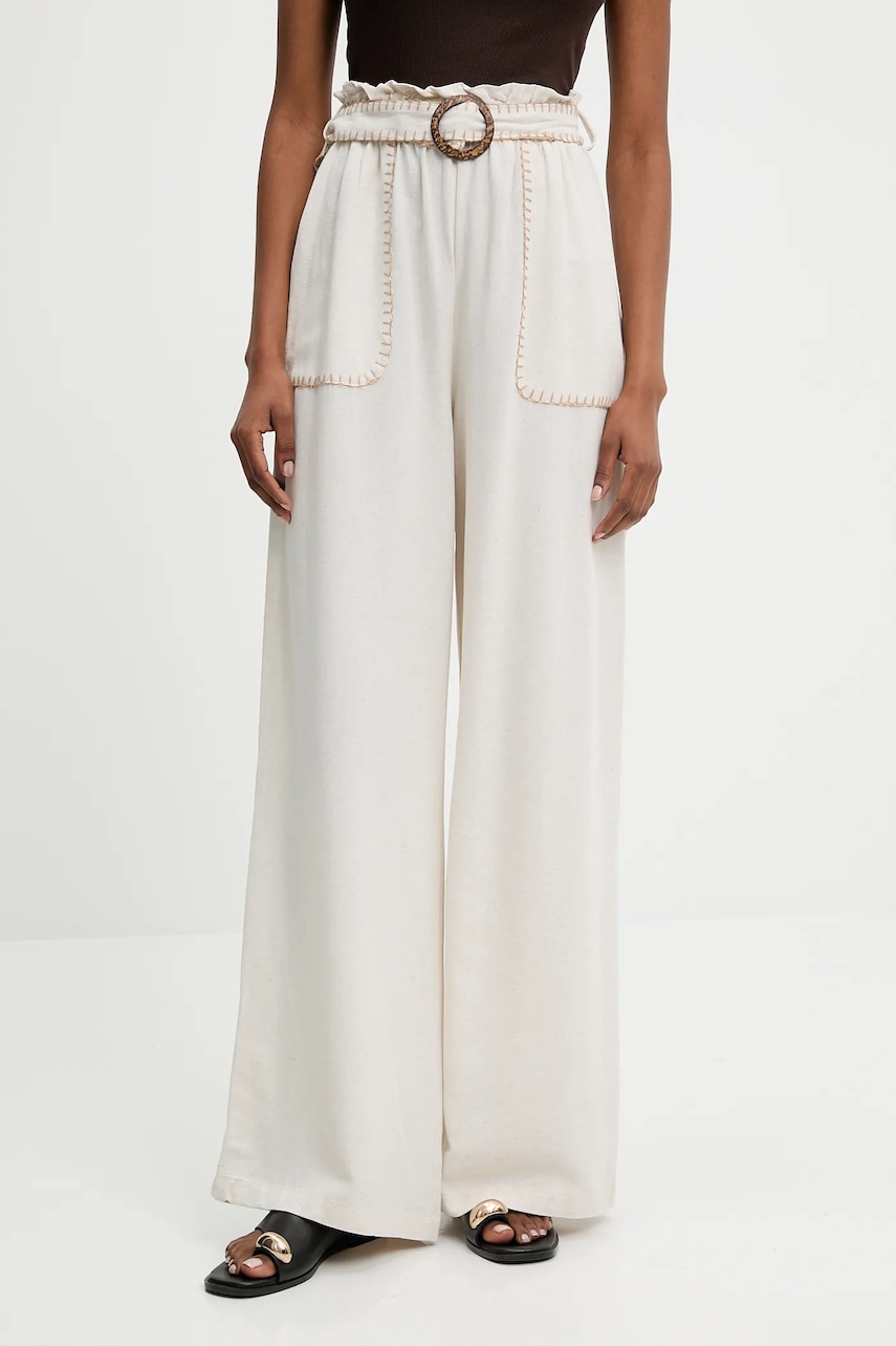 Kalhoty s lněnou směsí Answear.LAB dámské, béžová barva, široké, high waist