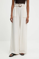 Kalhoty s lněnou směsí Answear.LAB dámské, béžová barva, široké, high waist