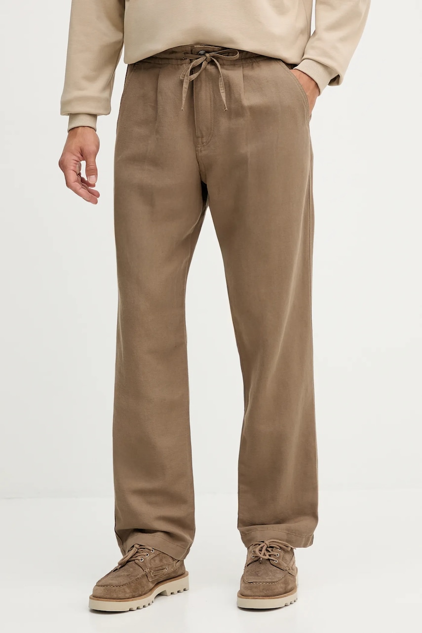 Kalhoty s lněnou směsí Guess pánské, hnědá barva, přiléhavé, M5YB77 WHC00