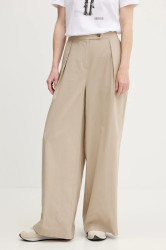 Kalhoty s příměsí lnu Barbour LUCY dámské, béžová barva, široké, high waist, LTR0384