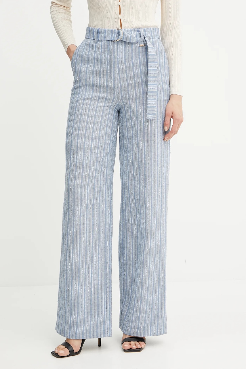 Kalhoty s příměsí lnu Fracomina dámské, modrá barva, široké, high waist, FS25SV3008W402Q6