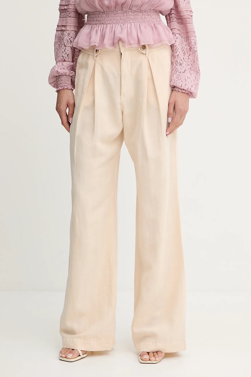 Kalhoty s příměsí lnu Guess SHAYE dámské, béžová barva, high waist, W5GA2G WG8N0