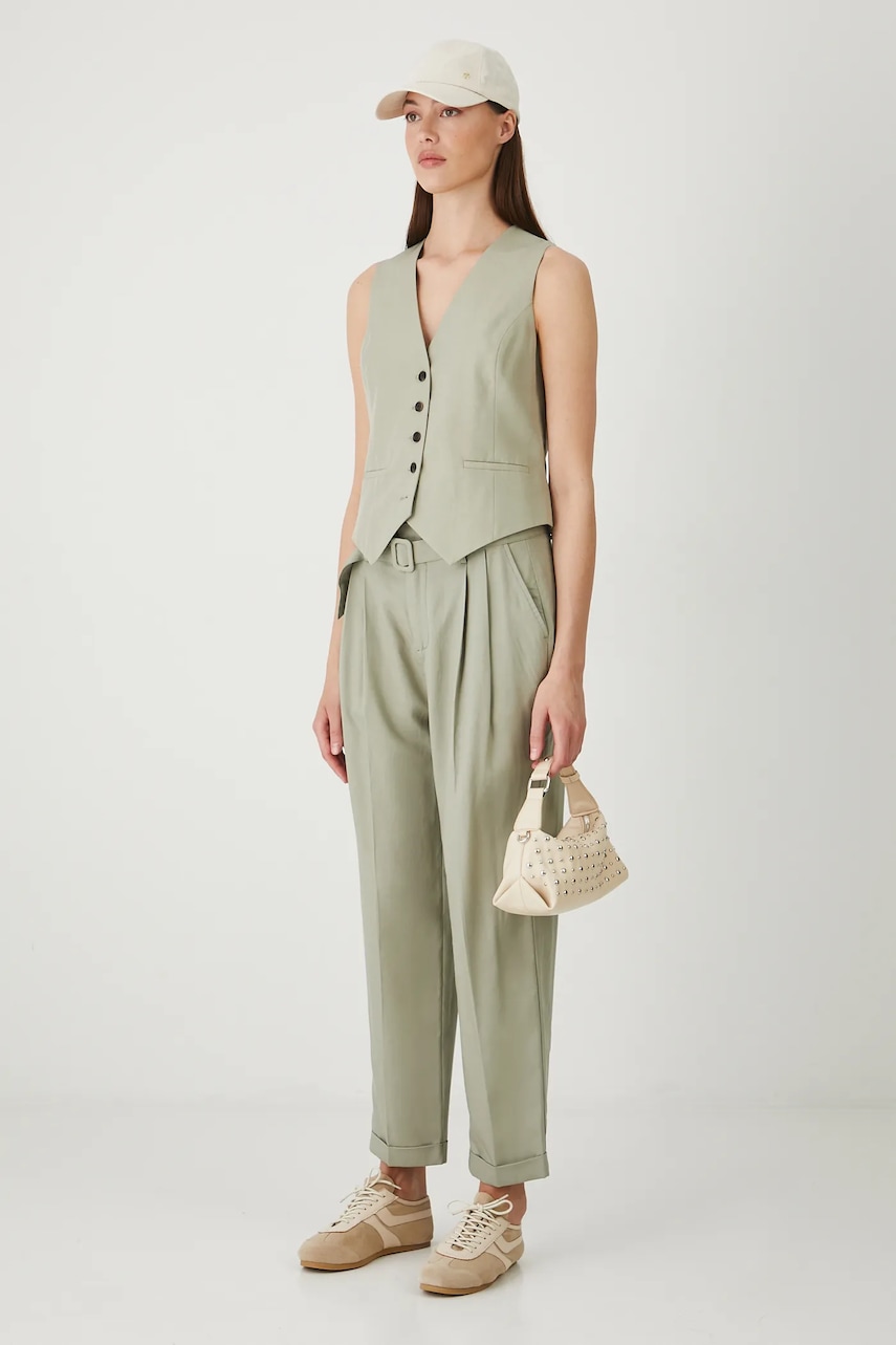 Kalhoty s příměsí lnu Medicine dámské, zelená barva, high waist