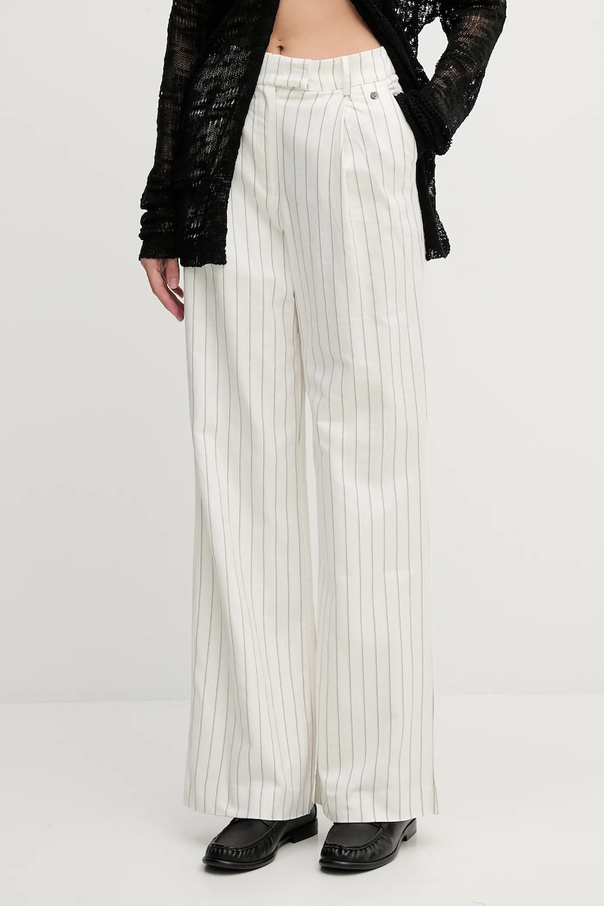 Kalhoty s příměsí lnu Pedro del Hierro dámské, béžová barva, široké, high waist, 7609760