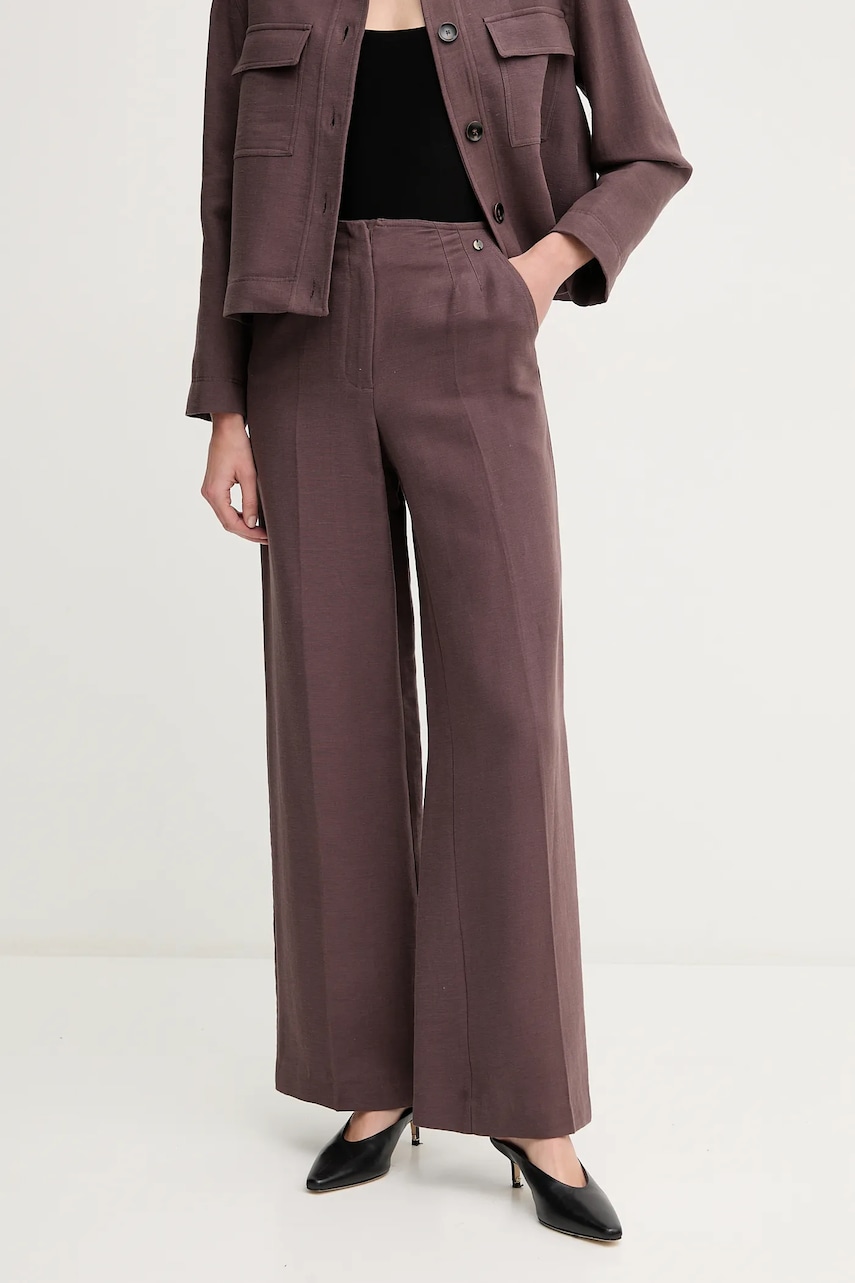 Kalhoty s příměsí lnu Pedro del Hierro hnědá barva, high waist, 7609762