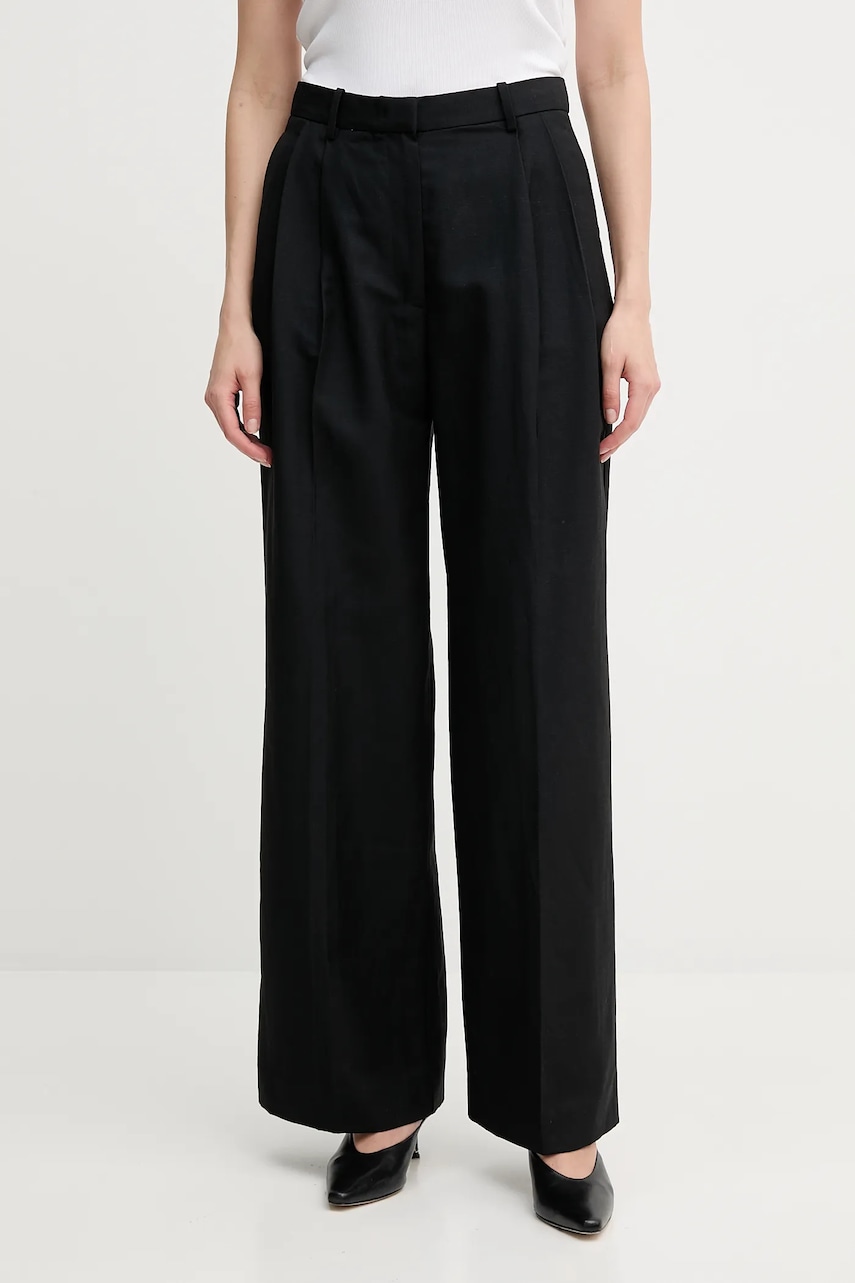 Kalhoty s příměsí lnu Tommy Hilfiger dámské, černá barva, high waist, WW0WW45460