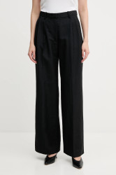 Kalhoty s příměsí lnu Tommy Hilfiger dámské, černá barva, high waist, WW0WW45460