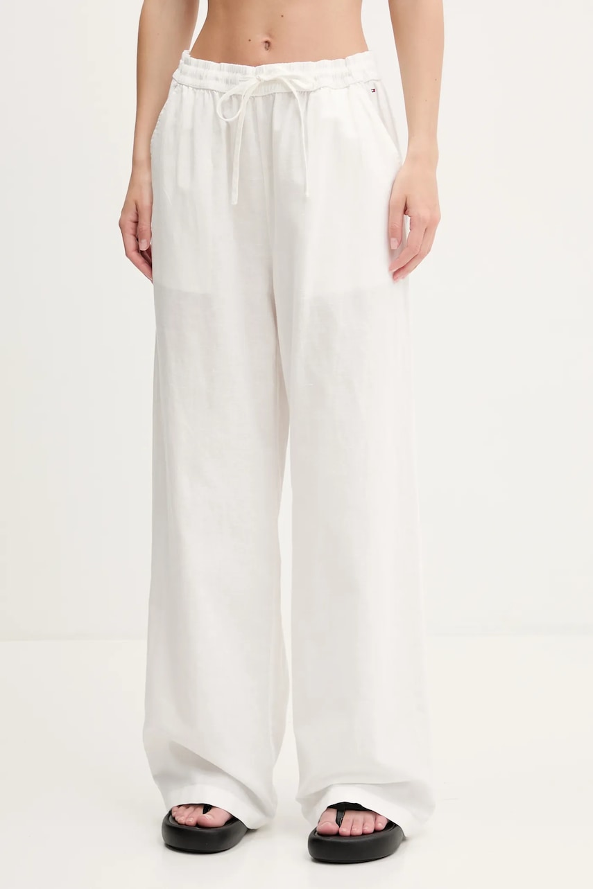 Kalhoty s příměsí lnu Tommy Jeans béžová barva, high waist, DW0DW20352