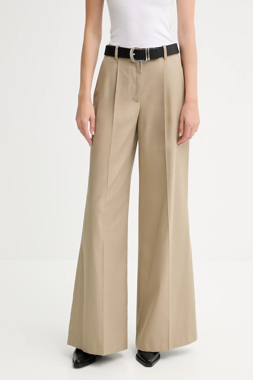 Kalhoty s příměsí vlny IRO dámské, zelená barva, široké, high waist, WP23SOULY