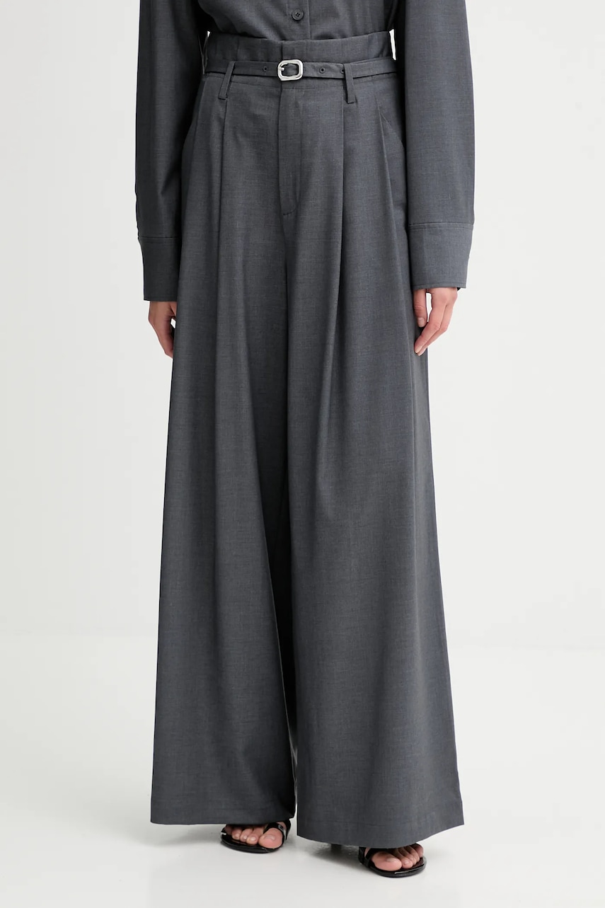 Kalhoty s příměsí vlny ISABELLE BLANCHE dámské, šedá barva, high waist, IS25FW-P036-T002