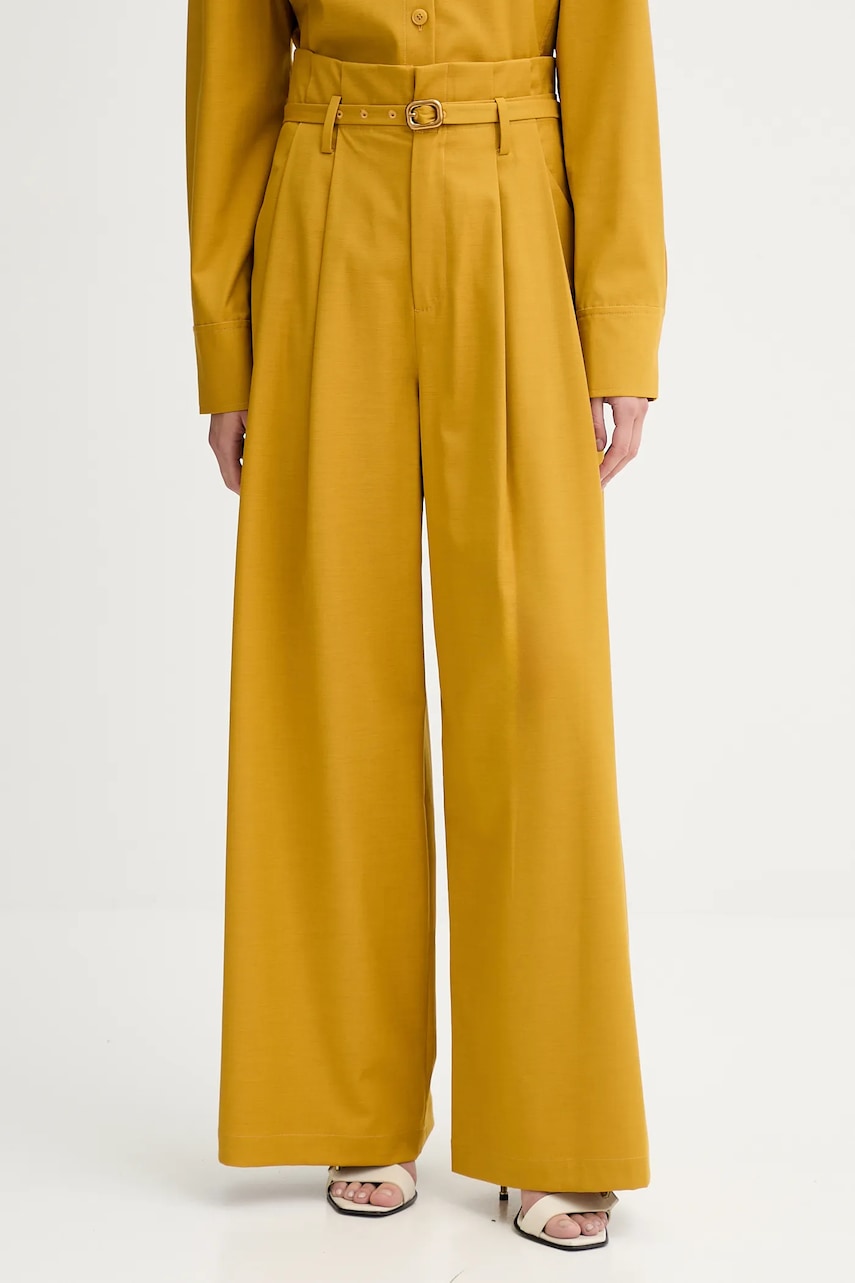 Kalhoty s příměsí vlny ISABELLE BLANCHE dámské, žlutá barva, high waist, IS25FW-P036-T002