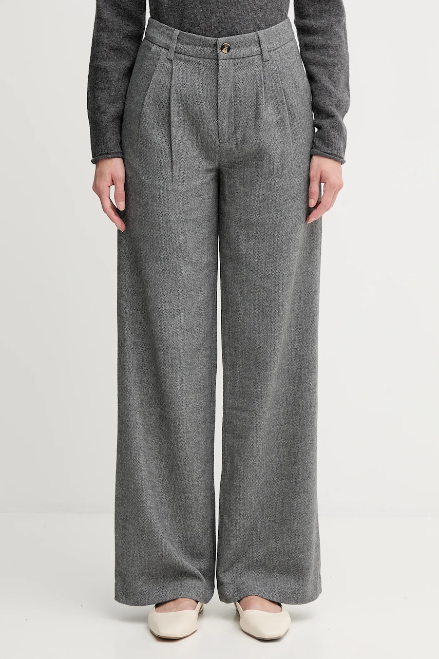 Kalhoty s příměsí vlny Pepe Jeans dámské, šedá barva, high waist, PL2100009