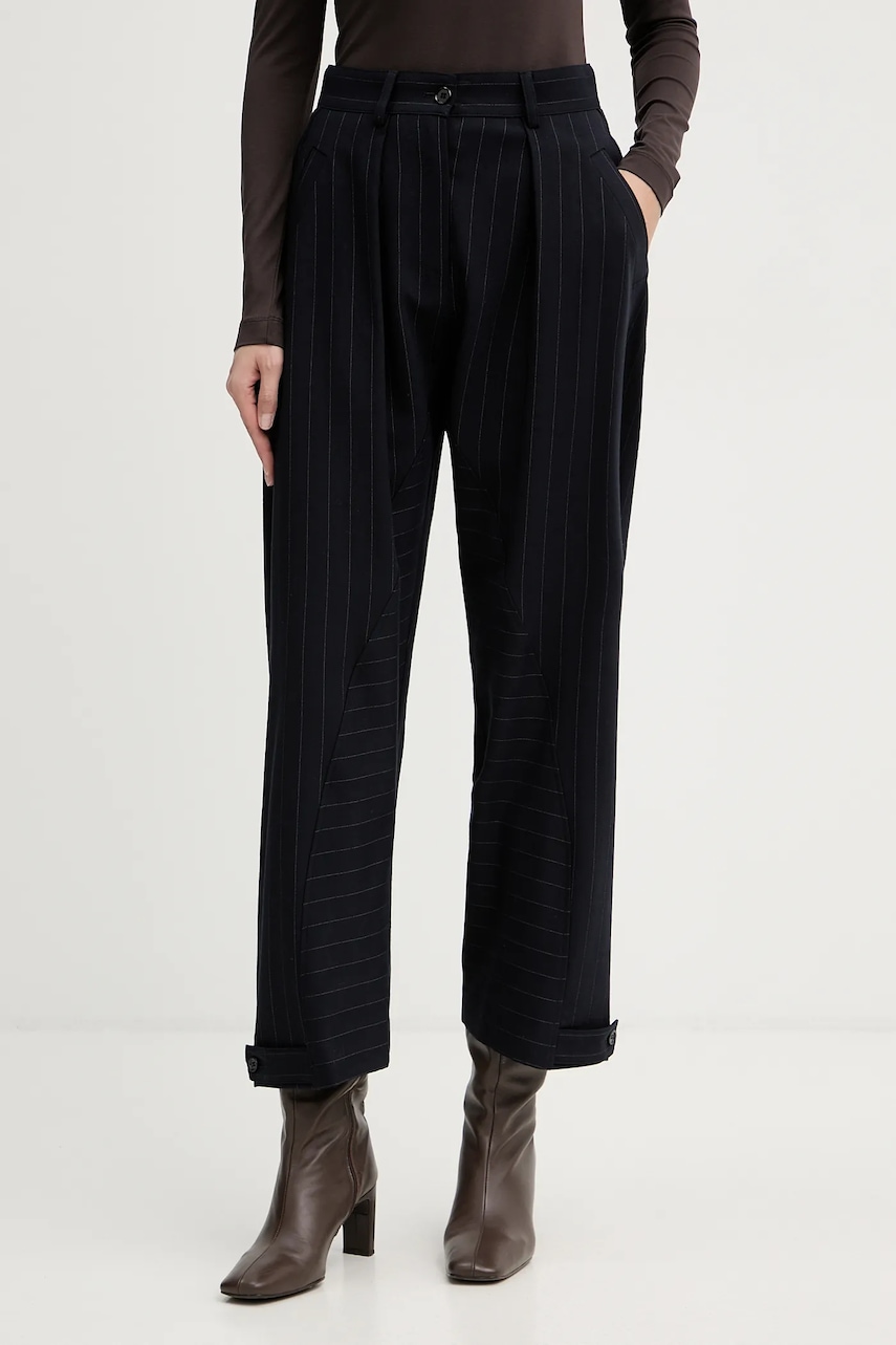 Kalhoty s příměsí vlny Pinko tmavomodrá barva, high waist, 105707 A2QY