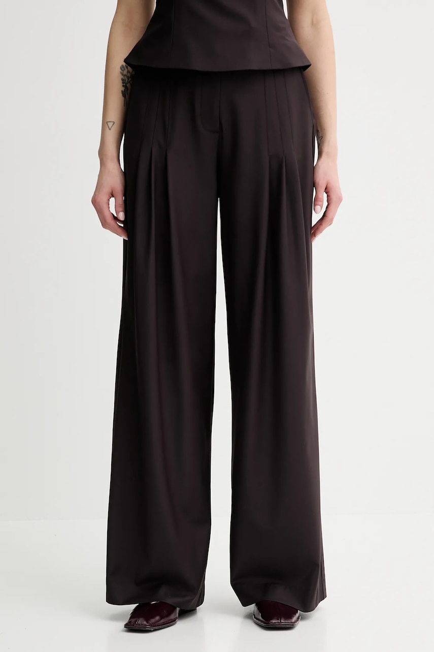 Kalhoty s příměsí vlny Remain dámské, hnědá barva, široké, high waist, 502473578