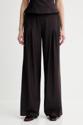 Kalhoty s příměsí vlny Remain dámské, hnědá barva, široké, high waist, 502473578