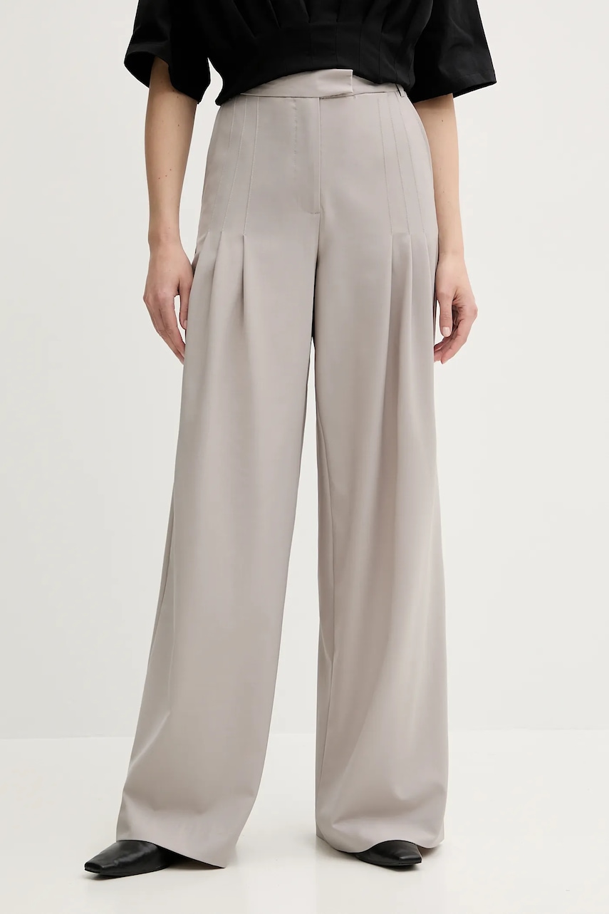 Kalhoty s příměsí vlny Remain dámské, šedá barva, široké, high waist, 5024733058