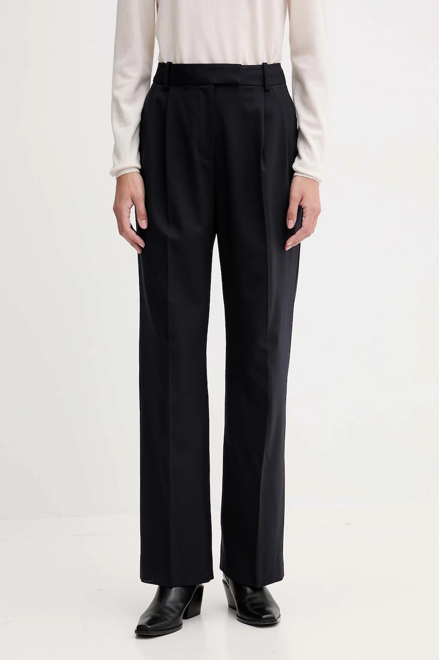 Kalhoty s příměsí vlny Tommy Hilfiger tmavomodrá barva, high waist, WW0WW48352