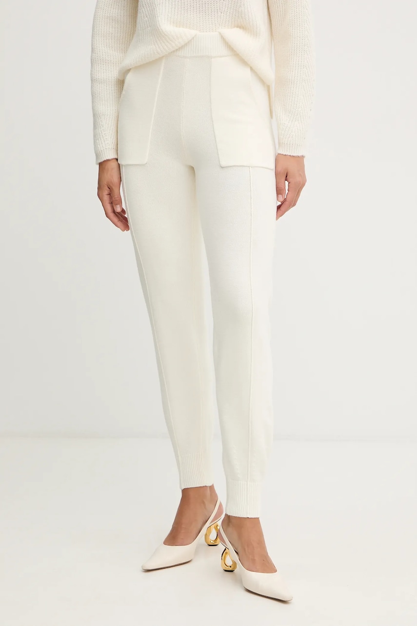 Kalhoty s příměsí vlny Twinset béžová barva, high waist, 252TT3452