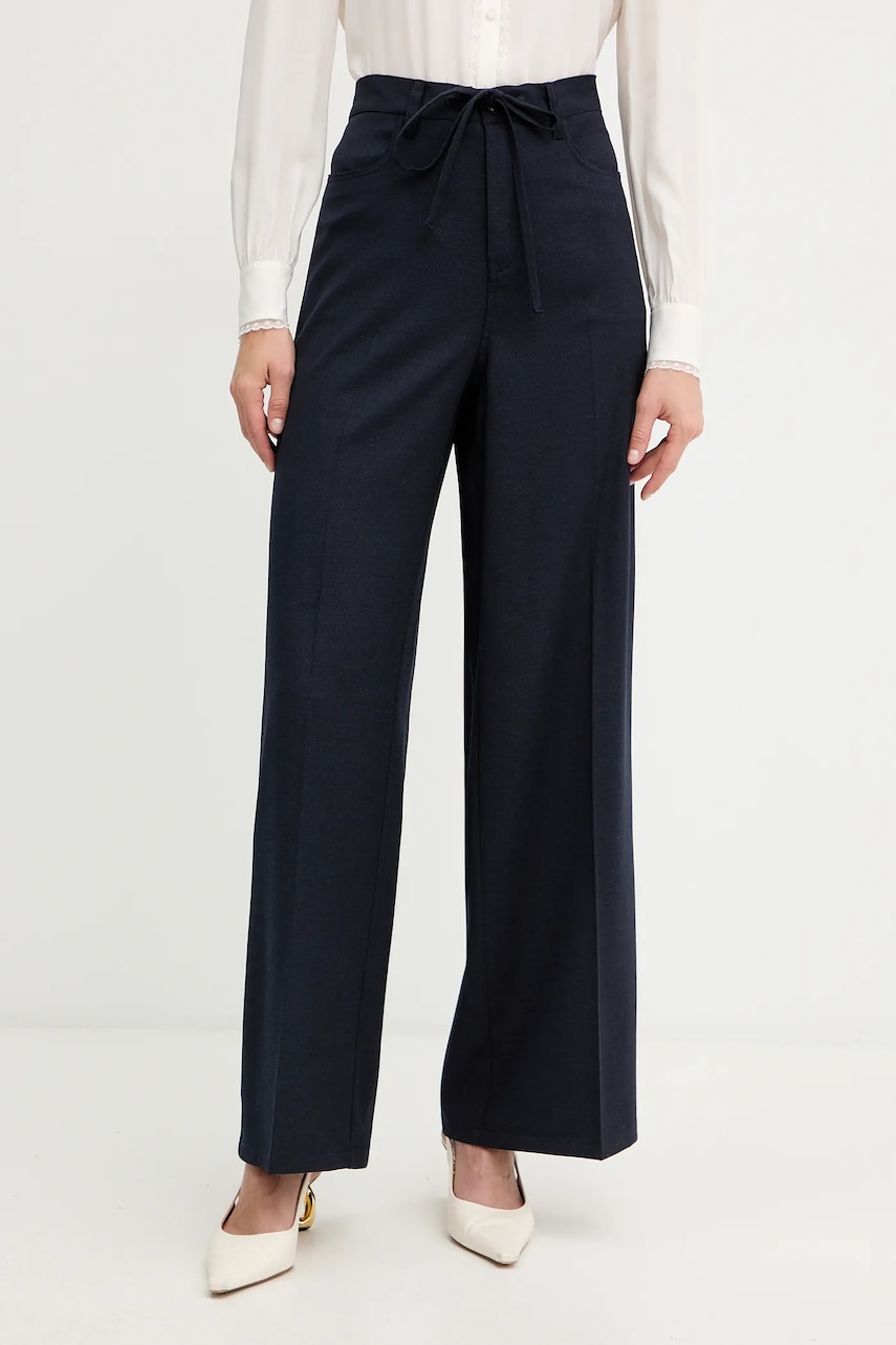 Kalhoty s příměsí vlny Twinset tmavomodrá barva, high waist, 252TT212A
