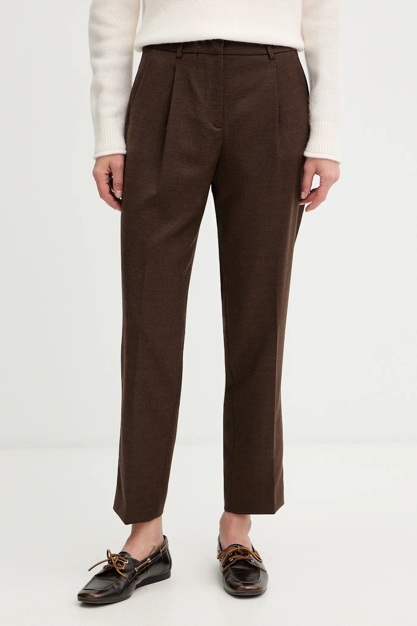 Kalhoty s vlnou Weekend Max Mara CALDAIA dámské, hnědá barva, střih chinos, high waist, 2525136152600