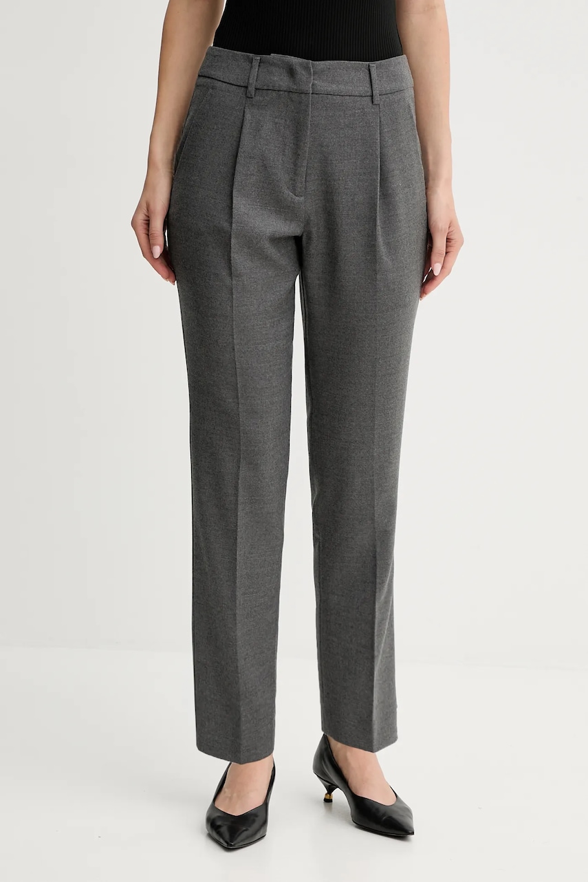 Kalhoty s vlnou Weekend Max Mara CALDAIA dámské, šedá barva, střih chinos, high waist, 2525136152600