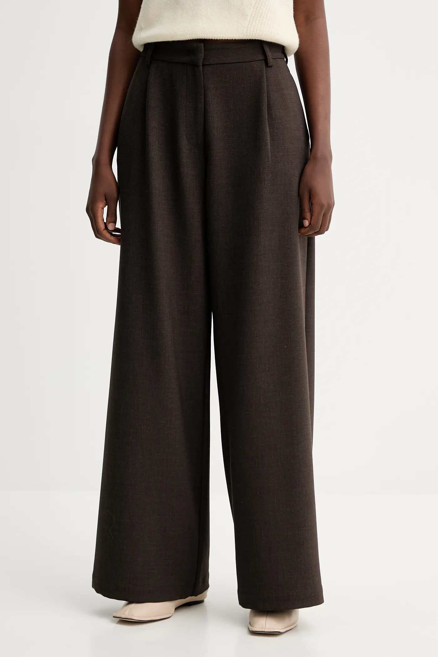 Kalhoty Sessun dámské, hnědá barva, široké, high waist, 24107024