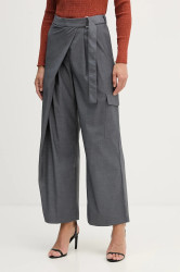 Kalhoty Sisley dámské, šedá barva, široké, high waist, 4K2KLF07K