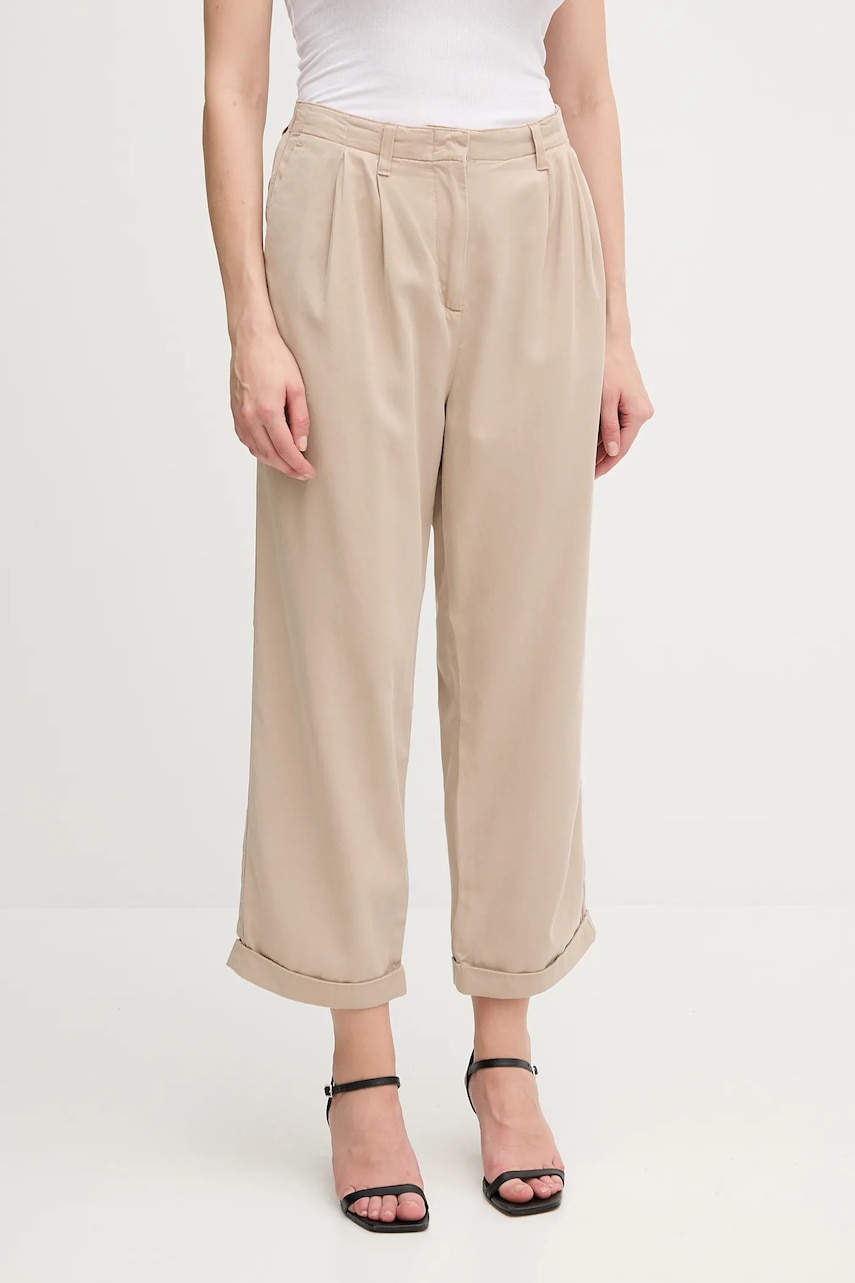 Kalhoty Tommy Hilfiger dámské, béžová barva, široké, high waist, WW0WW45589