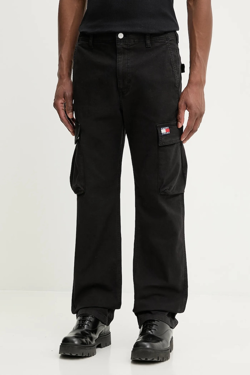 Kalhoty Tommy Jeans pánské, černá barva, ve střihu cargo, DM0DM22403