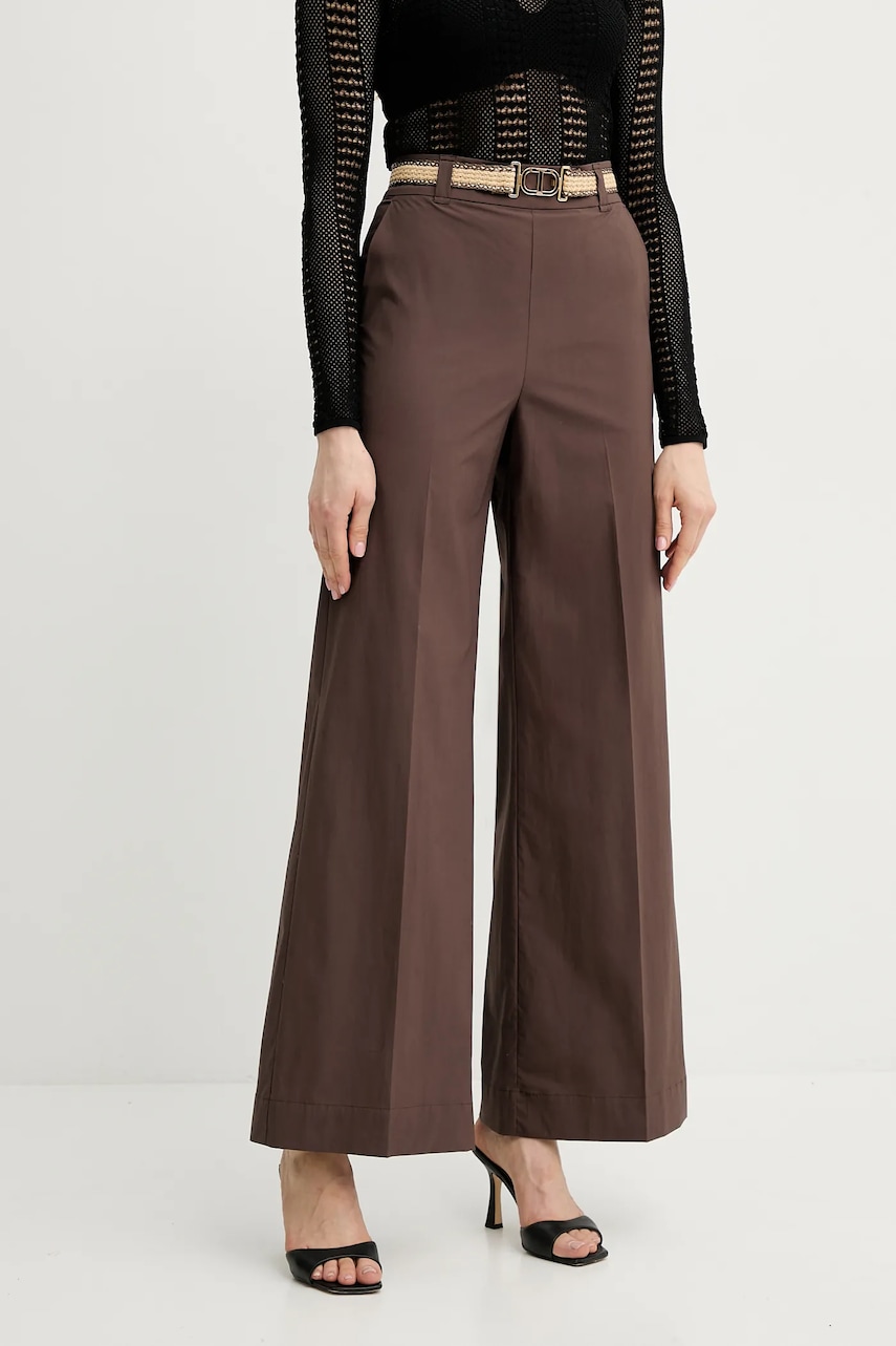 Kalhoty Twinset dámské, hnědá barva, široké, high waist, 251TT2105