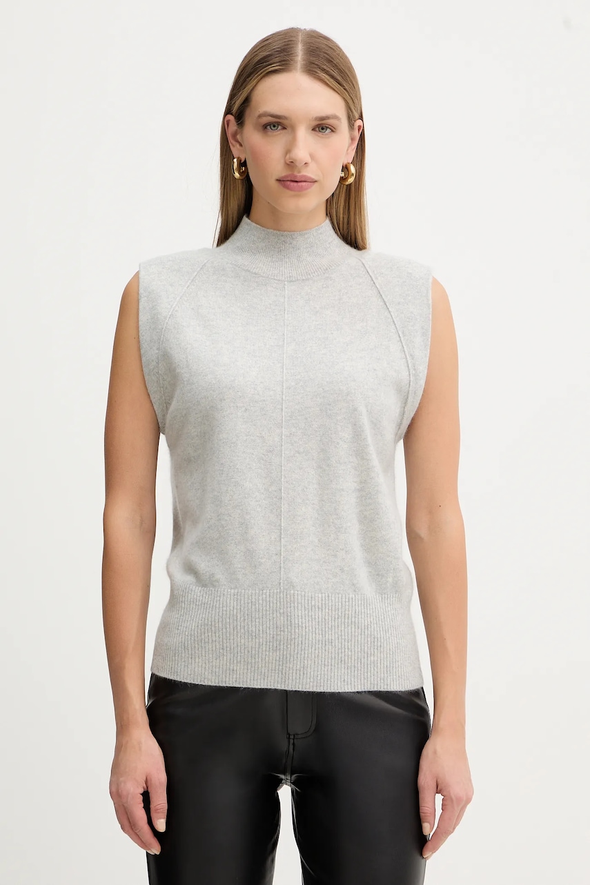 Kašmírová vesta BOSS Futrani dámská, šedá barva, s pologolfem, 50548506