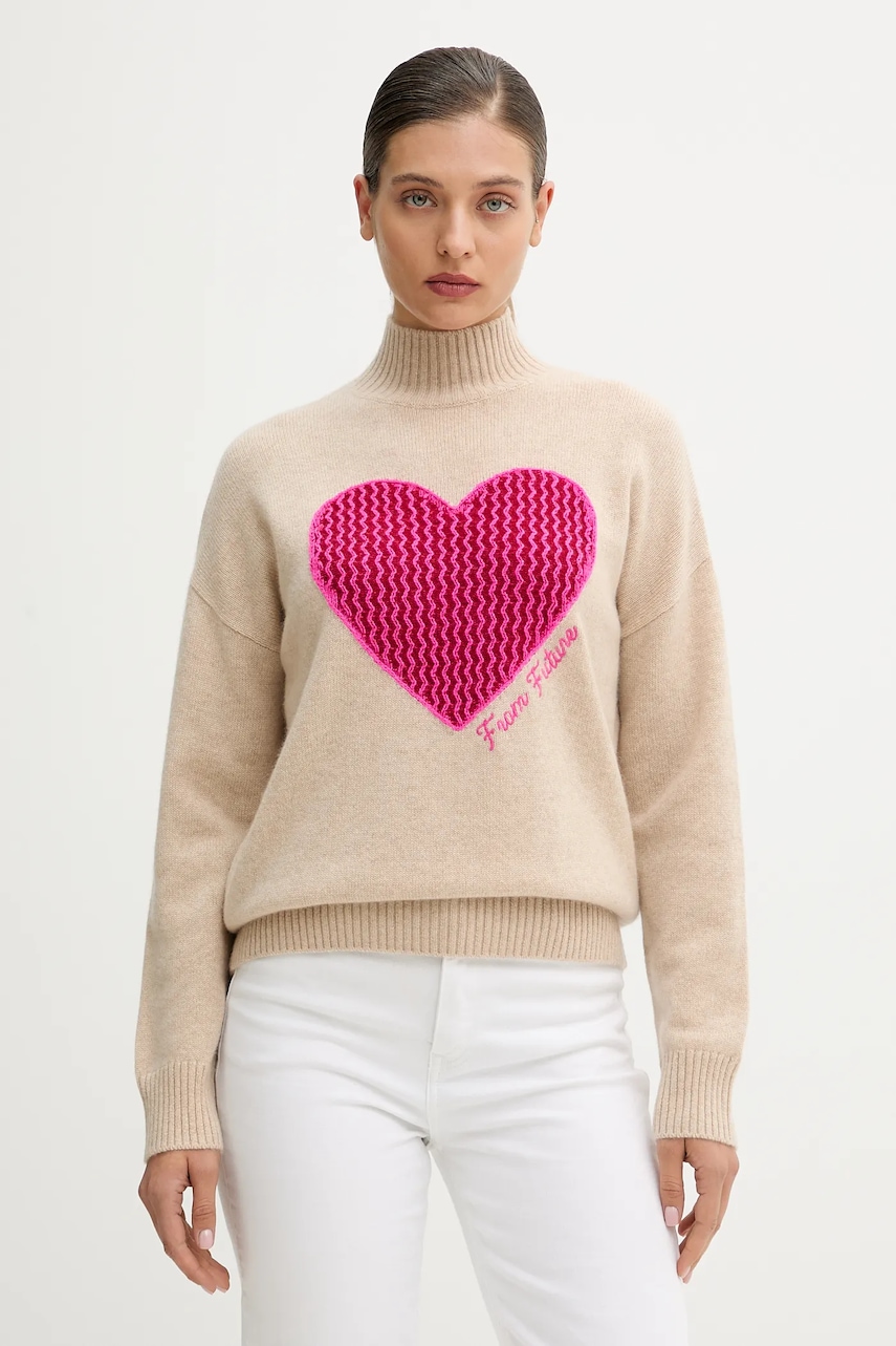 Kašmírový svetr FROM FUTURE dámský, béžová barva, s golfem, WPM03254