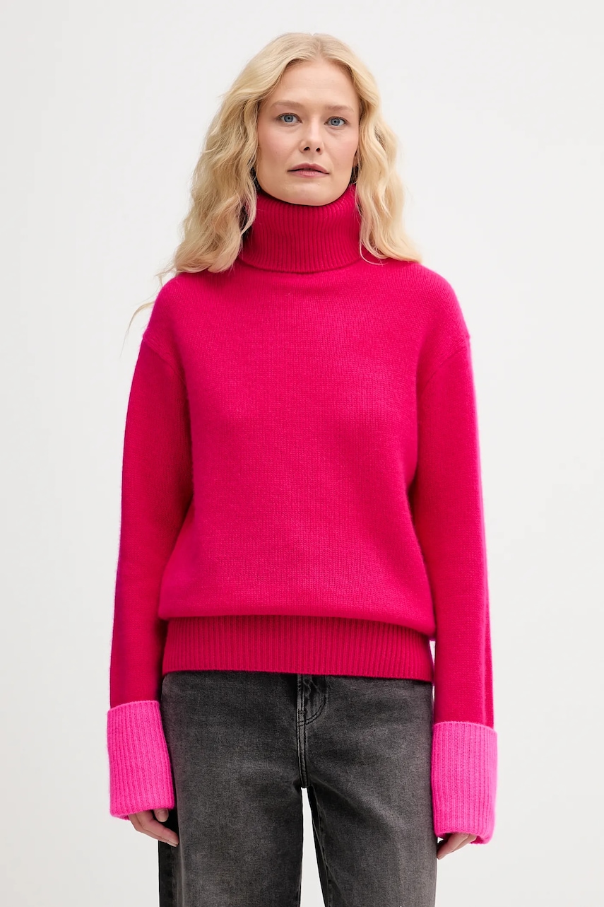 Kašmírový svetr FROM FUTURE dámský, růžová barva, s golfem, WPL02189
