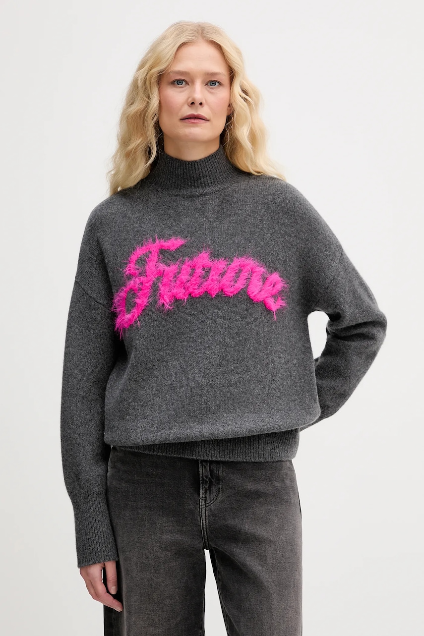 Kašmírový svetr FROM FUTURE šedá barva, s pologolfem, WPM03338