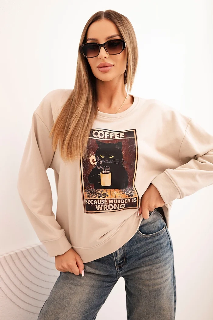 Kesi Włoski Dámská bavlněná mikina s potiskem kočky a nápisem béžová