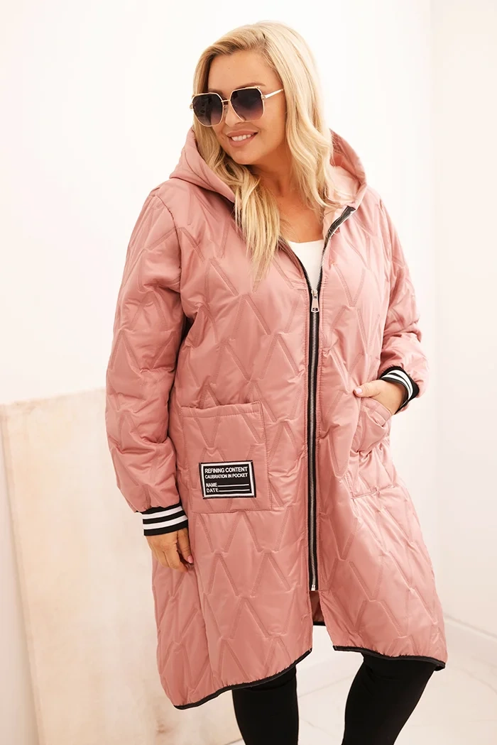 Kesi Włoski Dámská bunda Plus Size prošívaná s kapucí a sportovními manžetami tmavě pudrově růžová