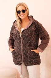 Kesi Włoski Dámská mikina Plus Size rozepínací s kapucí, dekatizovaná hnědá