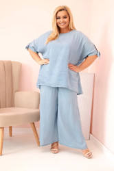 Kesi Włoski Dámská souprava Plus Size z tencelu, halenka s vázáním a široké kalhoty světlý džínový