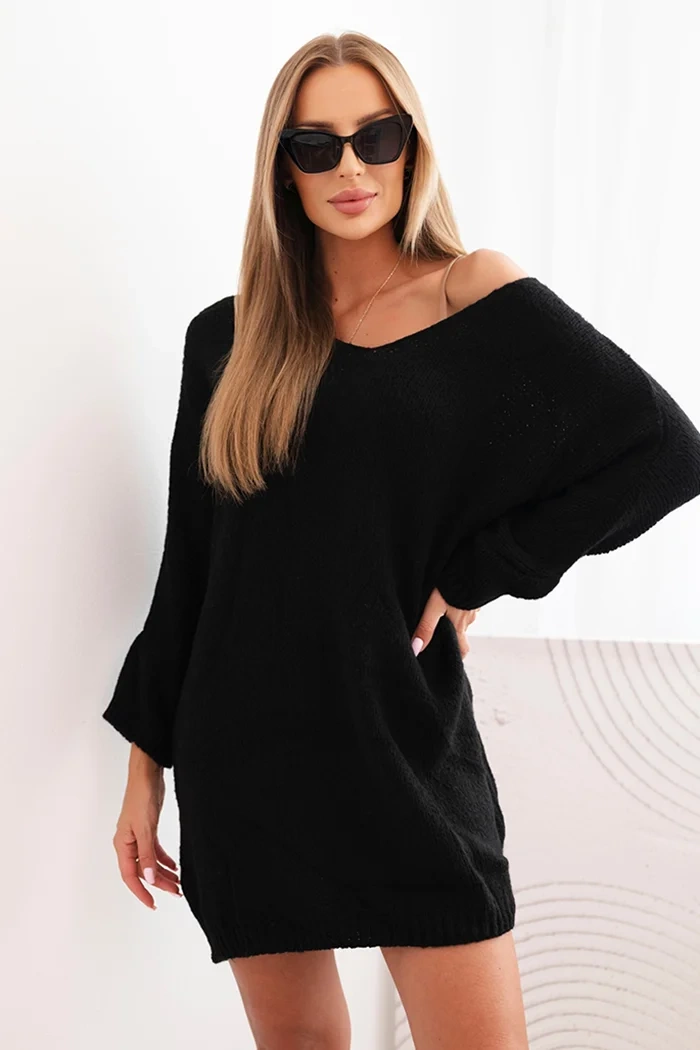 Kesi Włoski Dámské šaty Plus Size vlněné s výstřihem do V černá