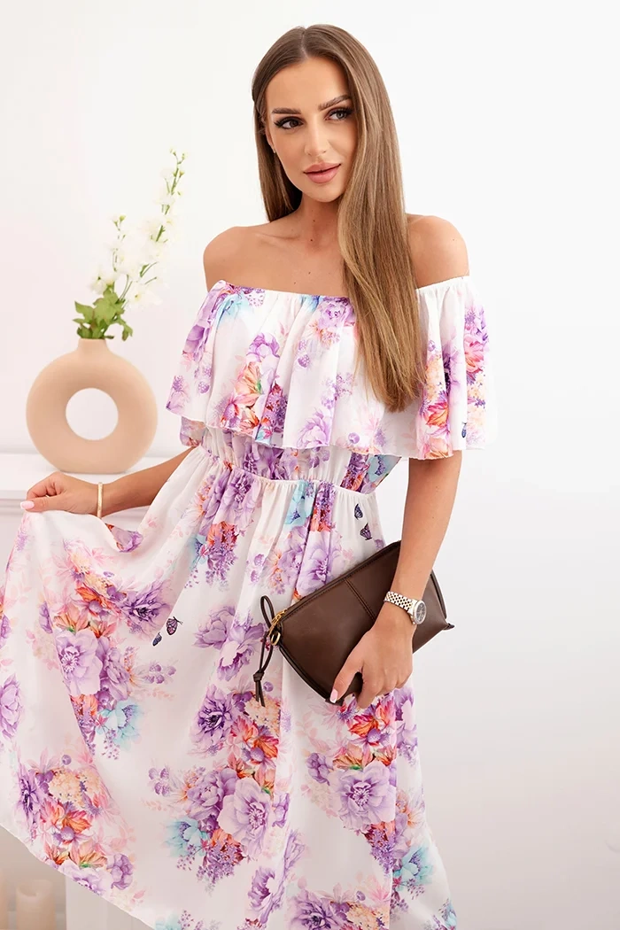 Kesi Włoski Dámské šaty s volánem a odhalenými rameny s květinami fialka