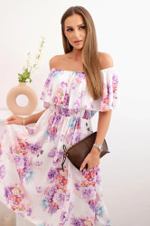 Kesi Włoski Dámské šaty s volánem a odhalenými rameny s květinami fialka