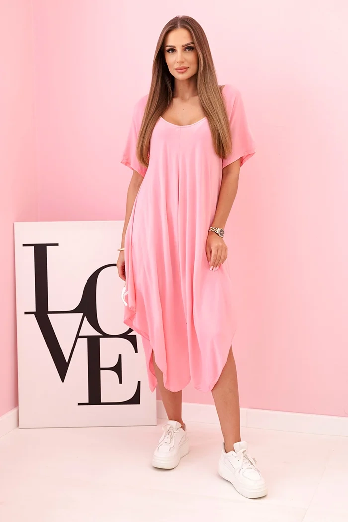 Kesi Włoski Dámské viskózové šaty s krátkým rukávem a rozšířeným lemem světle růžová