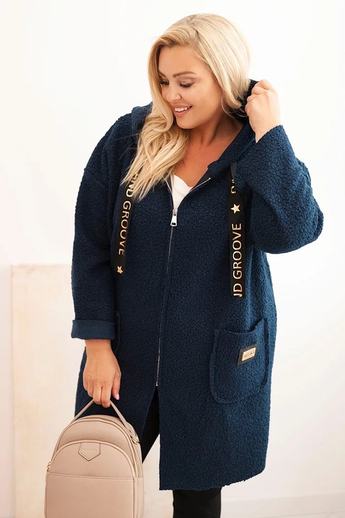 Kesi Włoski Dámský kabát Plus Size z umělého beránka s kapucí a kapsami modrý