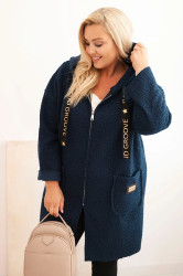 Kesi Włoski Dámský kabát Plus Size z umělého beránka s kapucí a kapsami modrý