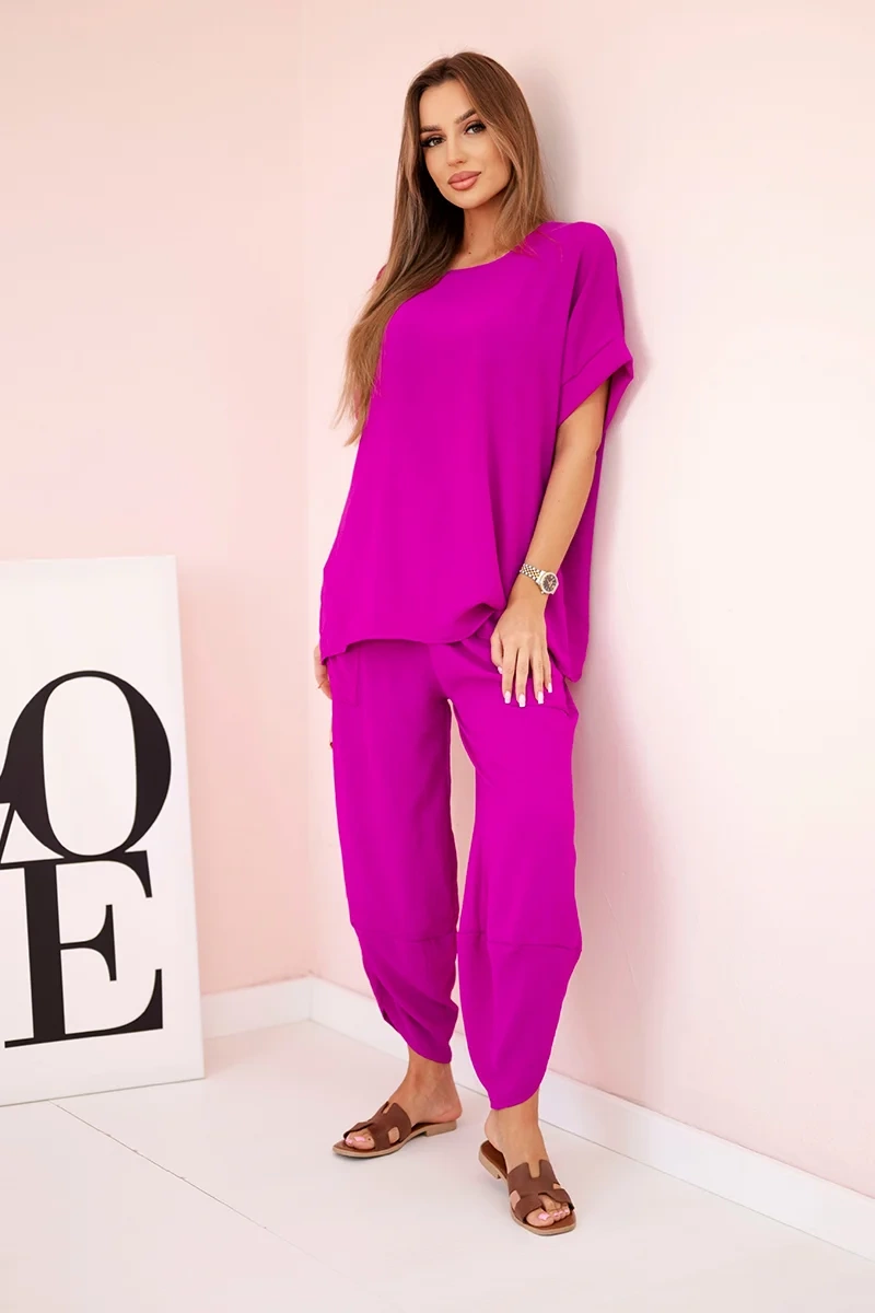 Kesi Włoski Komplet z viskózy halenka + kalhoty tmavě fialová