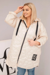 Kesi Włoski Dámská bunda Plus Size prošívaná s kapucí a nápisem HOPE světlá béžová