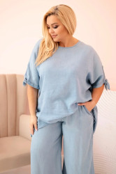 Kesi Włoski Dámská souprava Plus Size z tencelu, halenka s vázáním a široké kalhoty světlý džínový