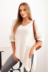 Kesi Włoski Dámský asymetrický svetr z vlny Plus Size s V výstřihem světlá béžová